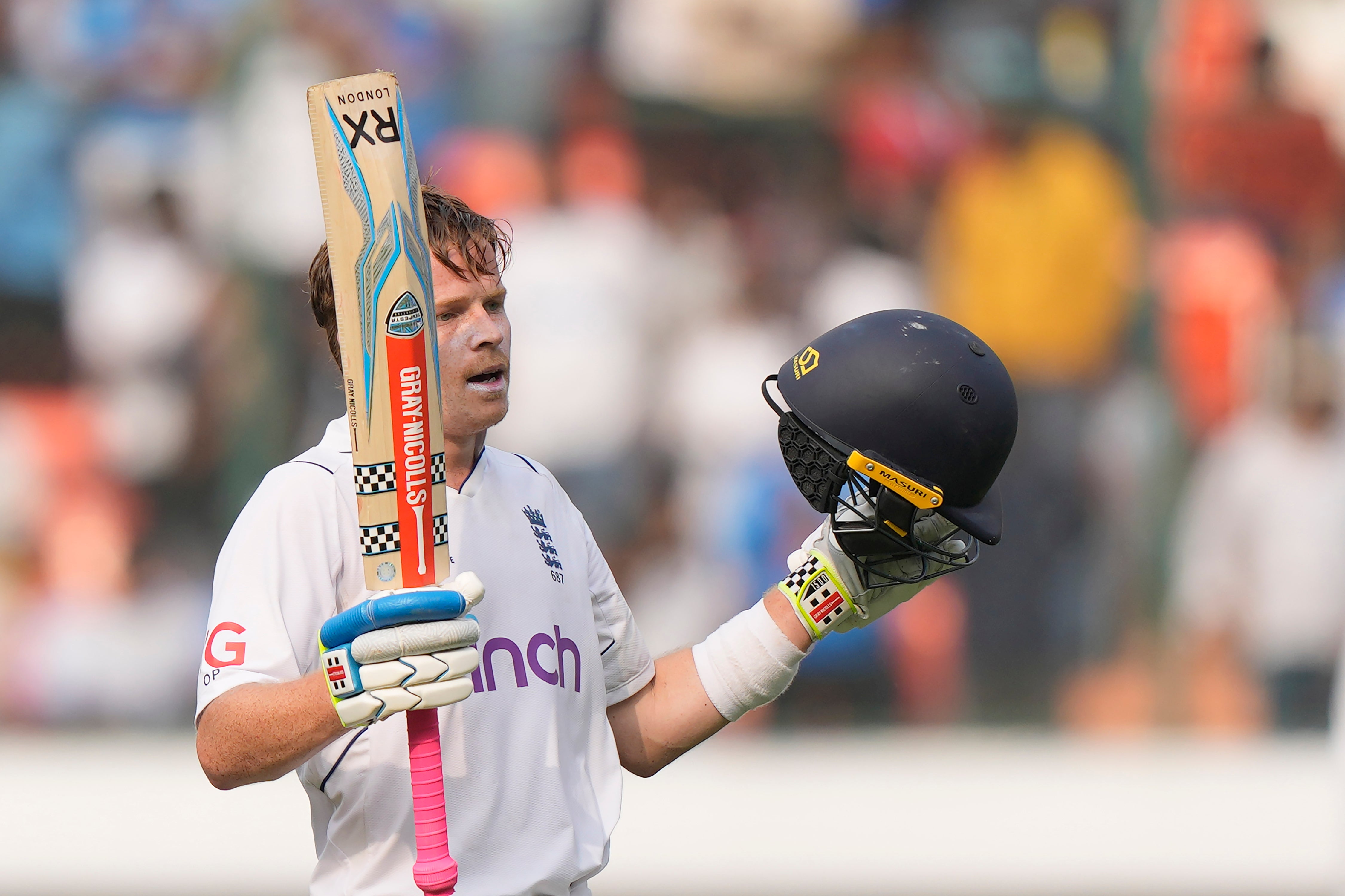 Ollie Pope celebrates his century against India