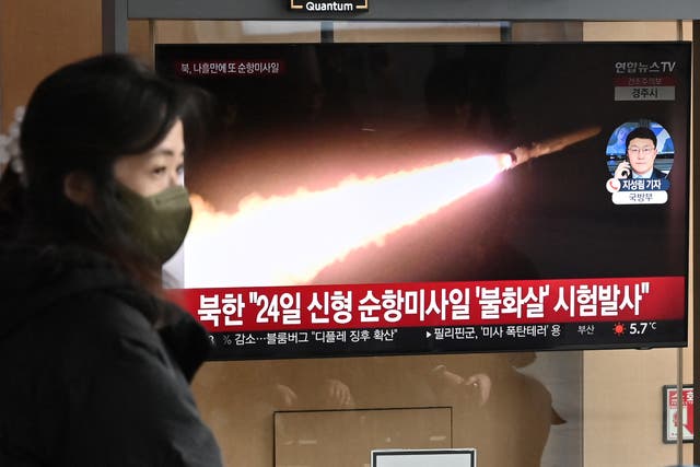 <p>A woman watches a television screen showing a news broadcast with file footage of a North Korean missile test at a railway station in Seoul</p>