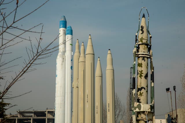 <p>Iranian missiles displayed in a park in Tehran</p>