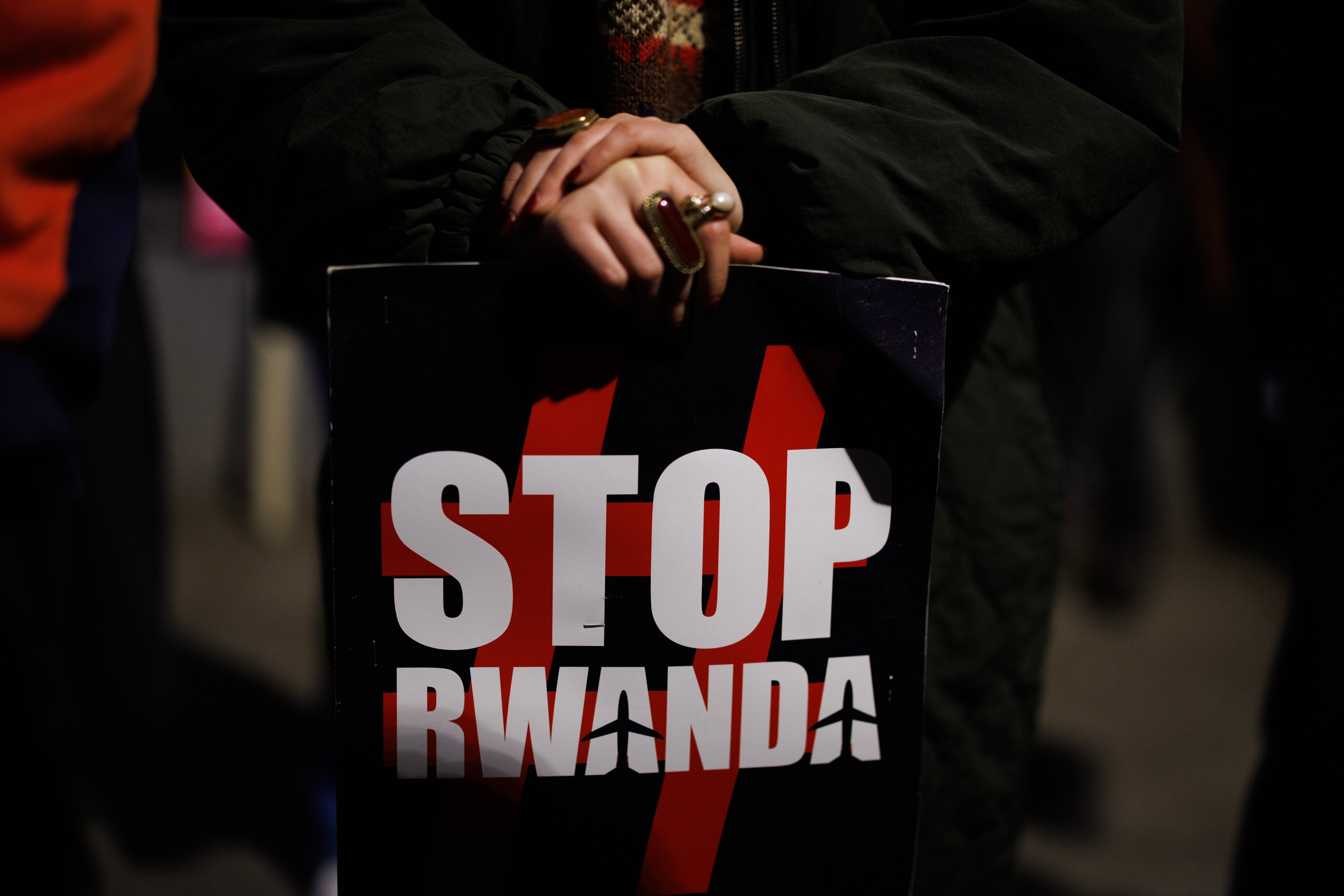 People gather to protest the Governments ‘Rwanda Bill’ and the treatment of migrants arriving in the UK, outside the Home Office in London