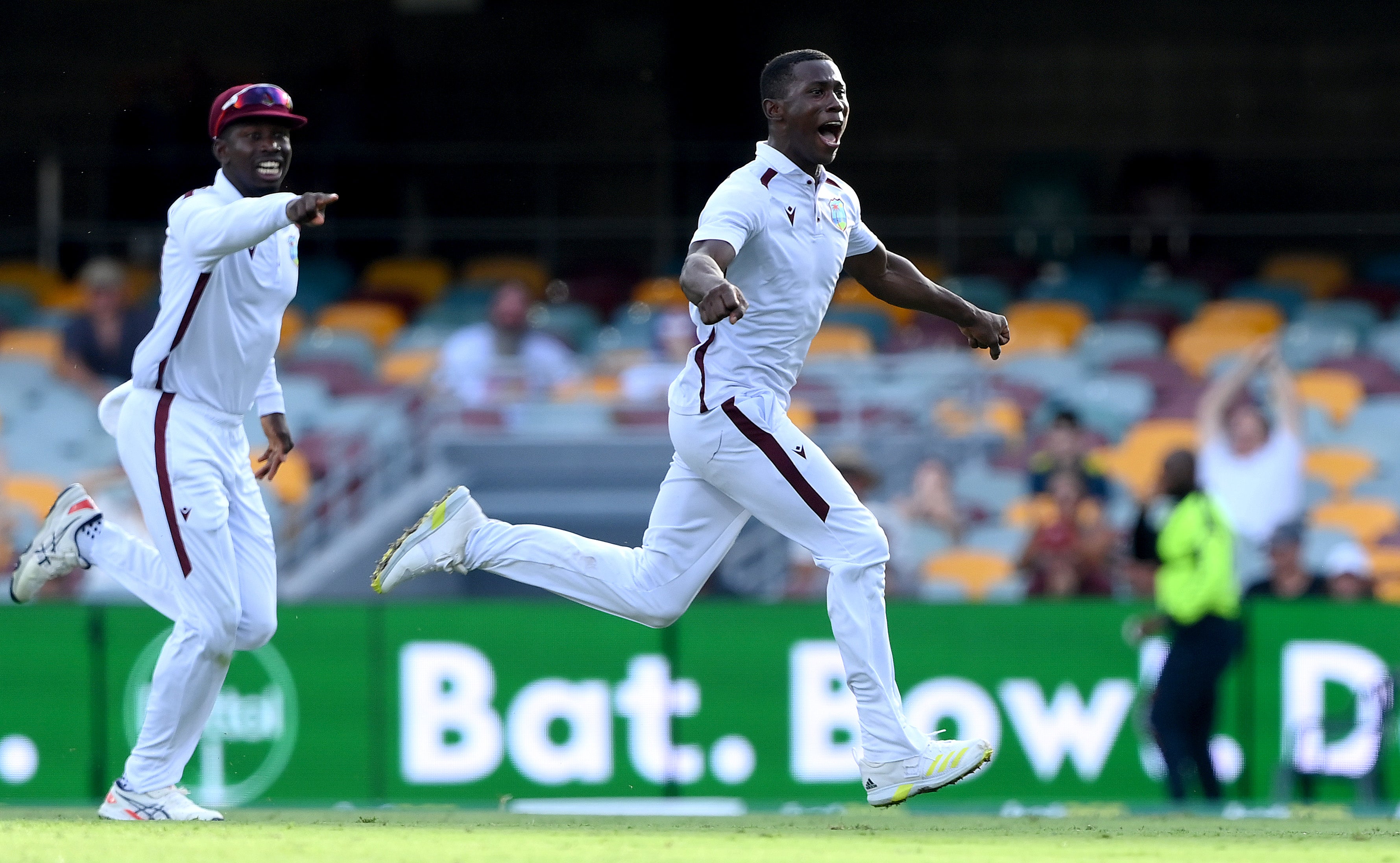 Joseph celebrates after taking the final match-winning wicket in Brisbane