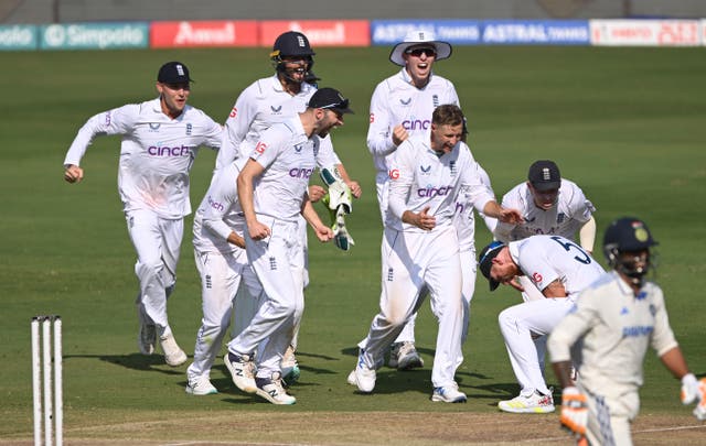 <p>England celebrate Ben Stokes’ remarkable feat in the field</p>