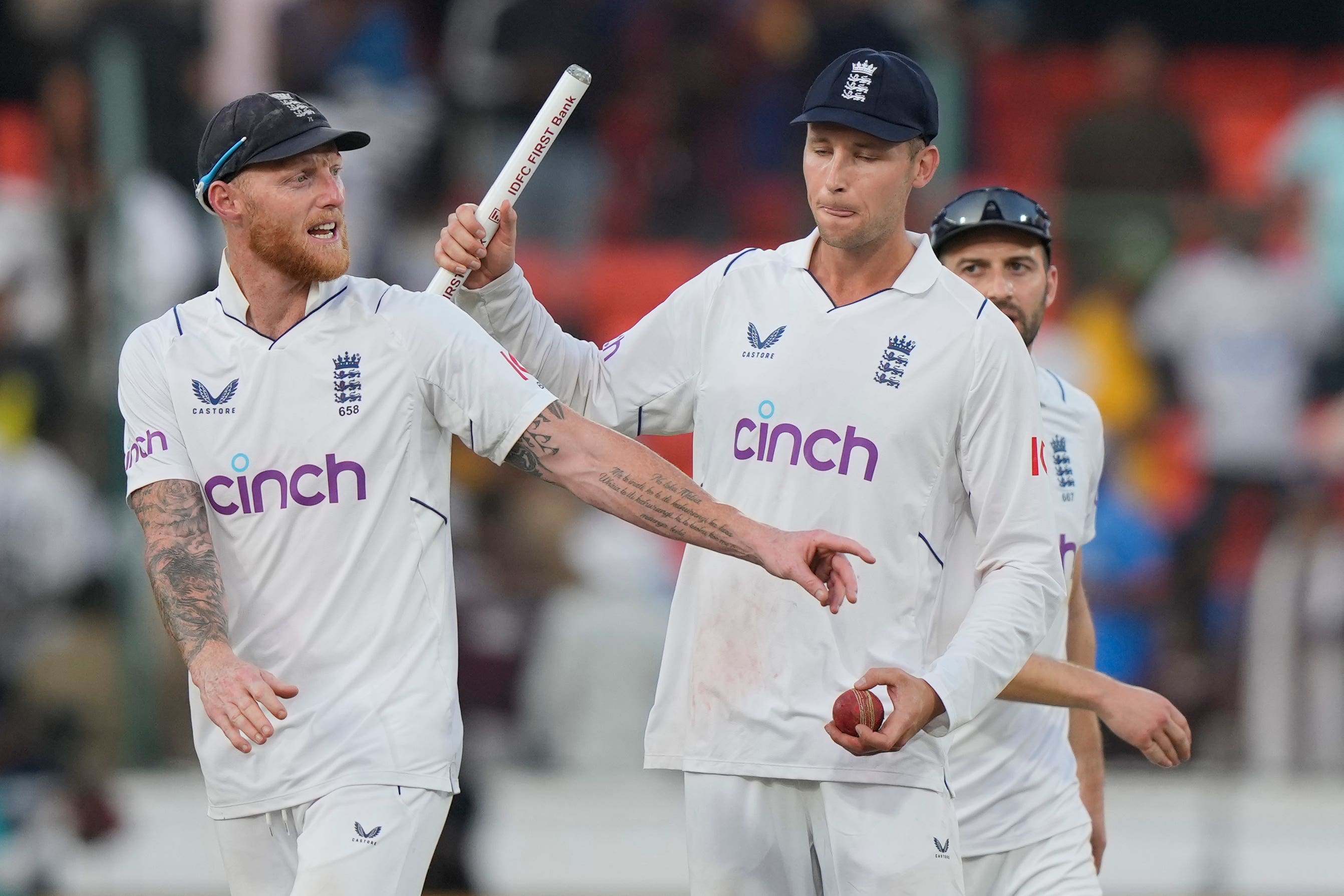 Tom Hartley, right, starred as Ben Stokes’ England produced a remarkable victory in Hyderabad (Mahesh Kumar A/AP)