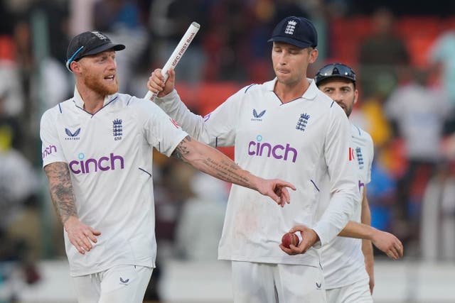 Tom Hartley, right, starred as Ben Stokes’ England produced a remarkable victory in Hyderabad (Mahesh Kumar A/AP)