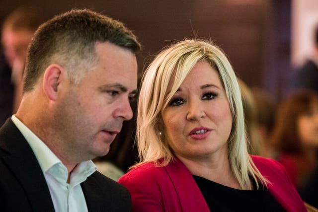 Sinn Fein deputy leader Michelle O’Neill (right) speaking to Pearse Doherty during a party meeting in Dundalk (Liam McBurney/PA)