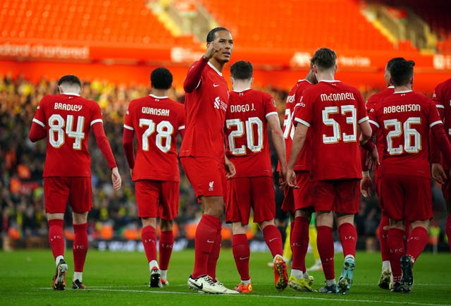 <p>Liverpool's Virgil van Dijk celebrates scoring their side's fourth goal of the game during the Emirates FA Cup fourth-round match at Anfield</p>