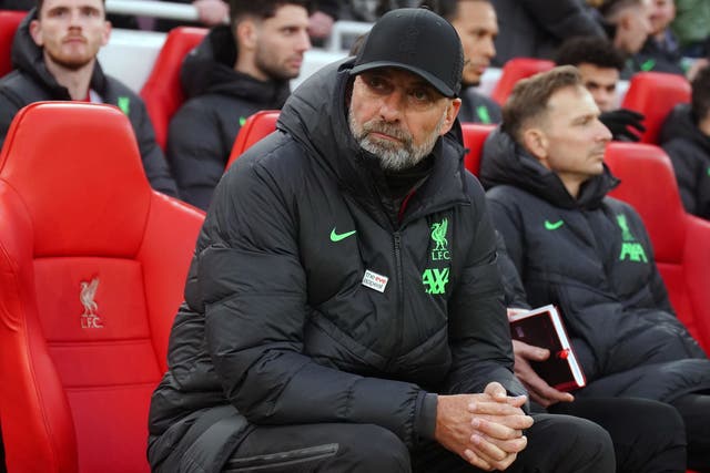 Jurgen Klopp was in the dugout for the first time since announcing he will be leaving Liverpool in the summer (Peter Byrne/PA)