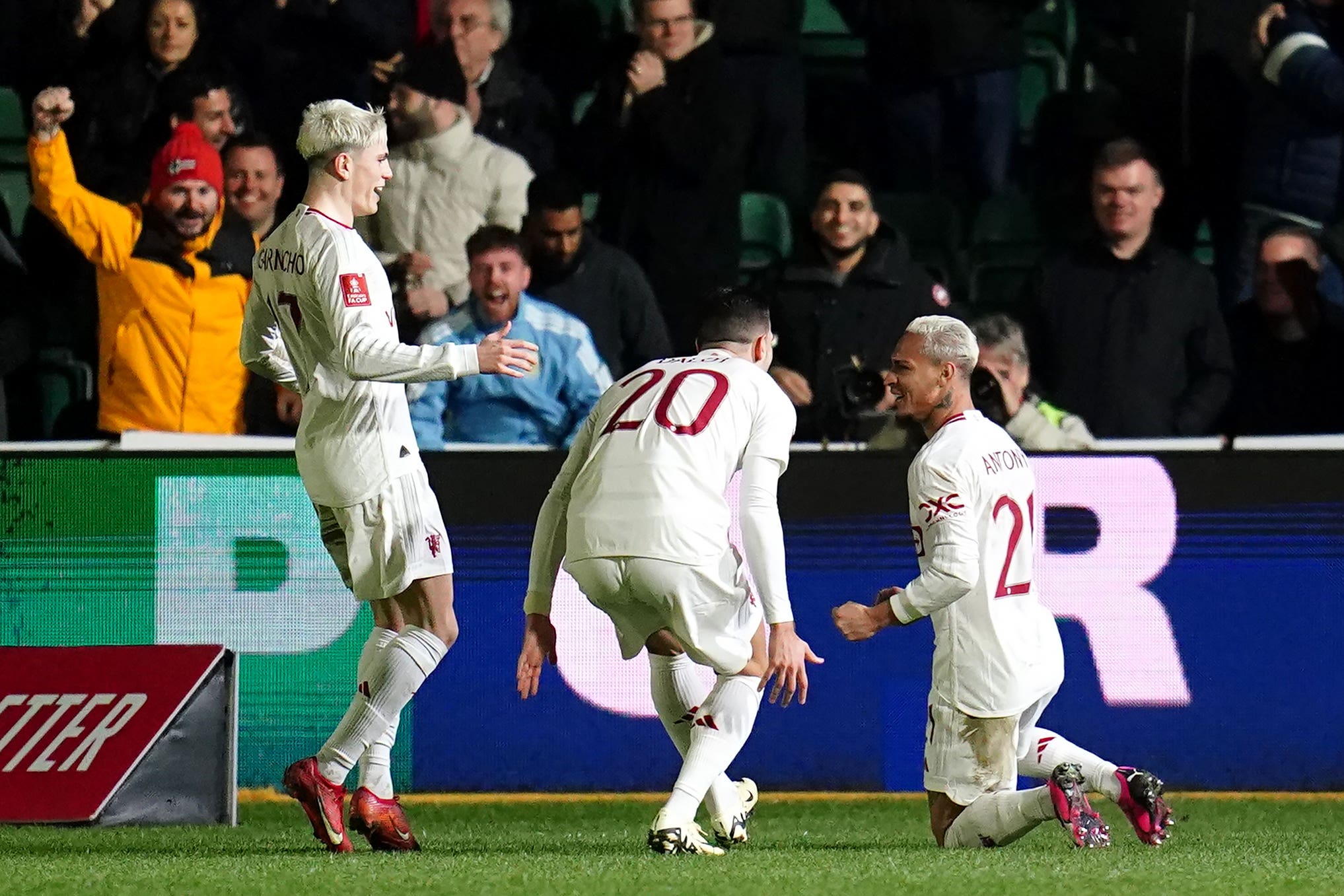 Antony (right) celebrates scoring Manchester United’s third goal in their FA Cup win at Newport