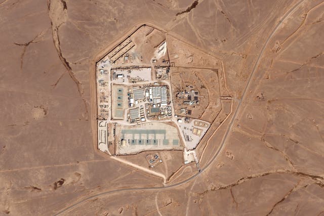 <p>A satellite photo shows the military base known as Tower 22 in northeastern Jordan where three American troops were killed and ‘many' were wounded on Sunday</p>