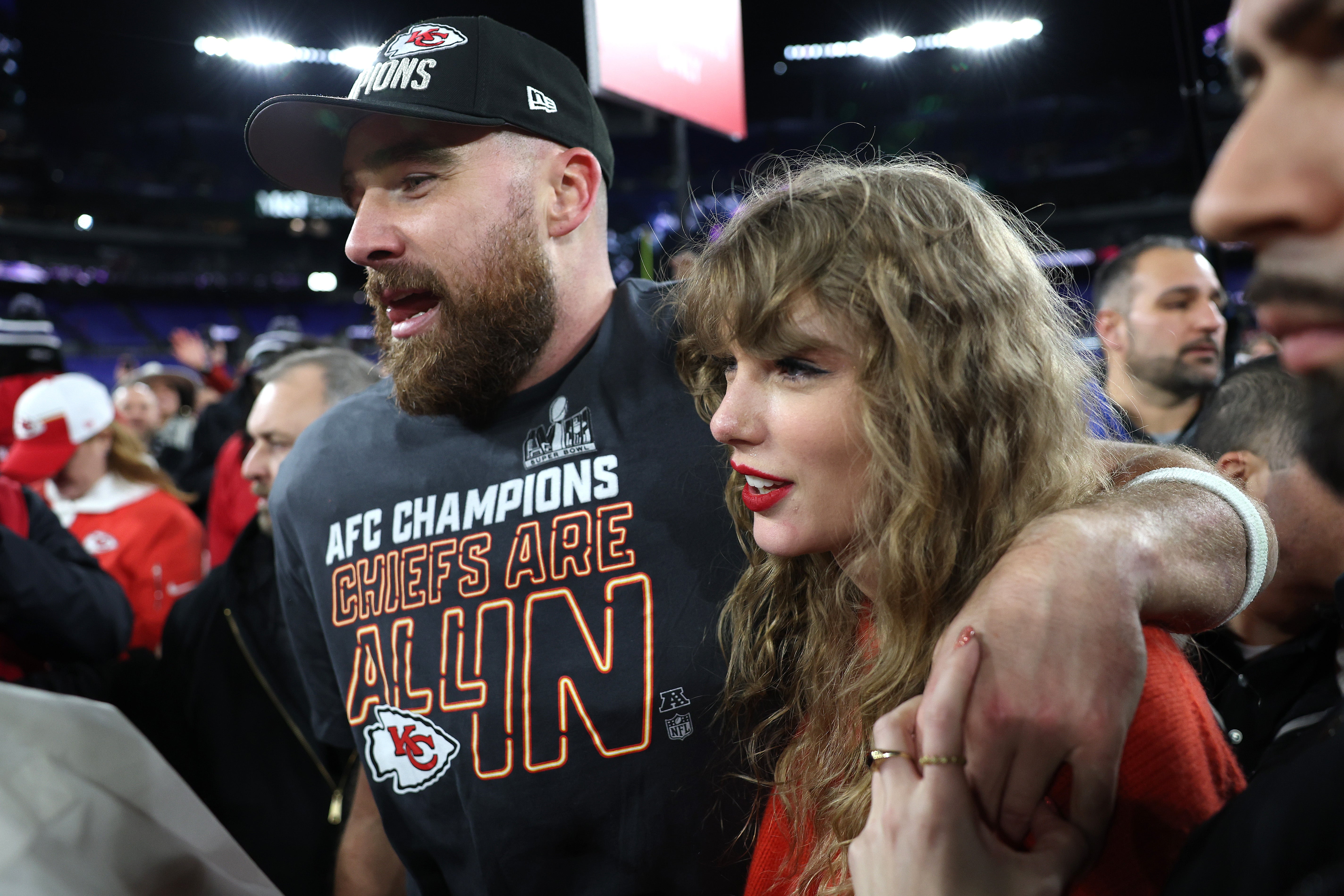 Taylor Swift celebrating with Travis Kelce after the Kansas City Chiefs’ 17-10 victory against the Baltimore Ravens