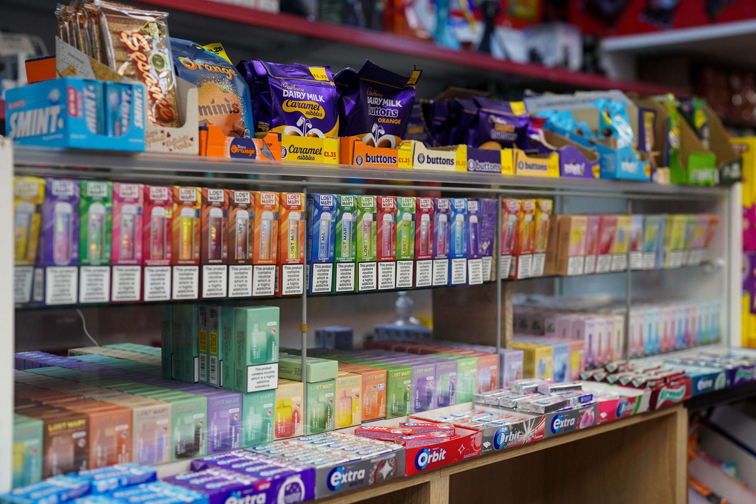 Disposable vapes of varying flavours on sale in a store close to Birmingham
