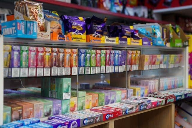 <p>Disposable vapes of varying flavours on sale in a store close to Birmingham</p>