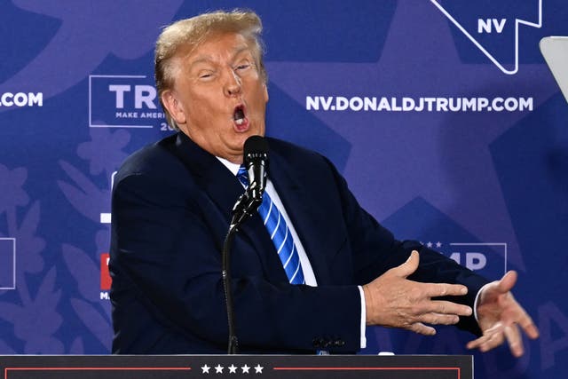 <p>Former US president and 2024 presidential hopeful Donald Trump speaks at a Commit to Caucus Rally in Las Vegas, Nevada, on 27 January</p>