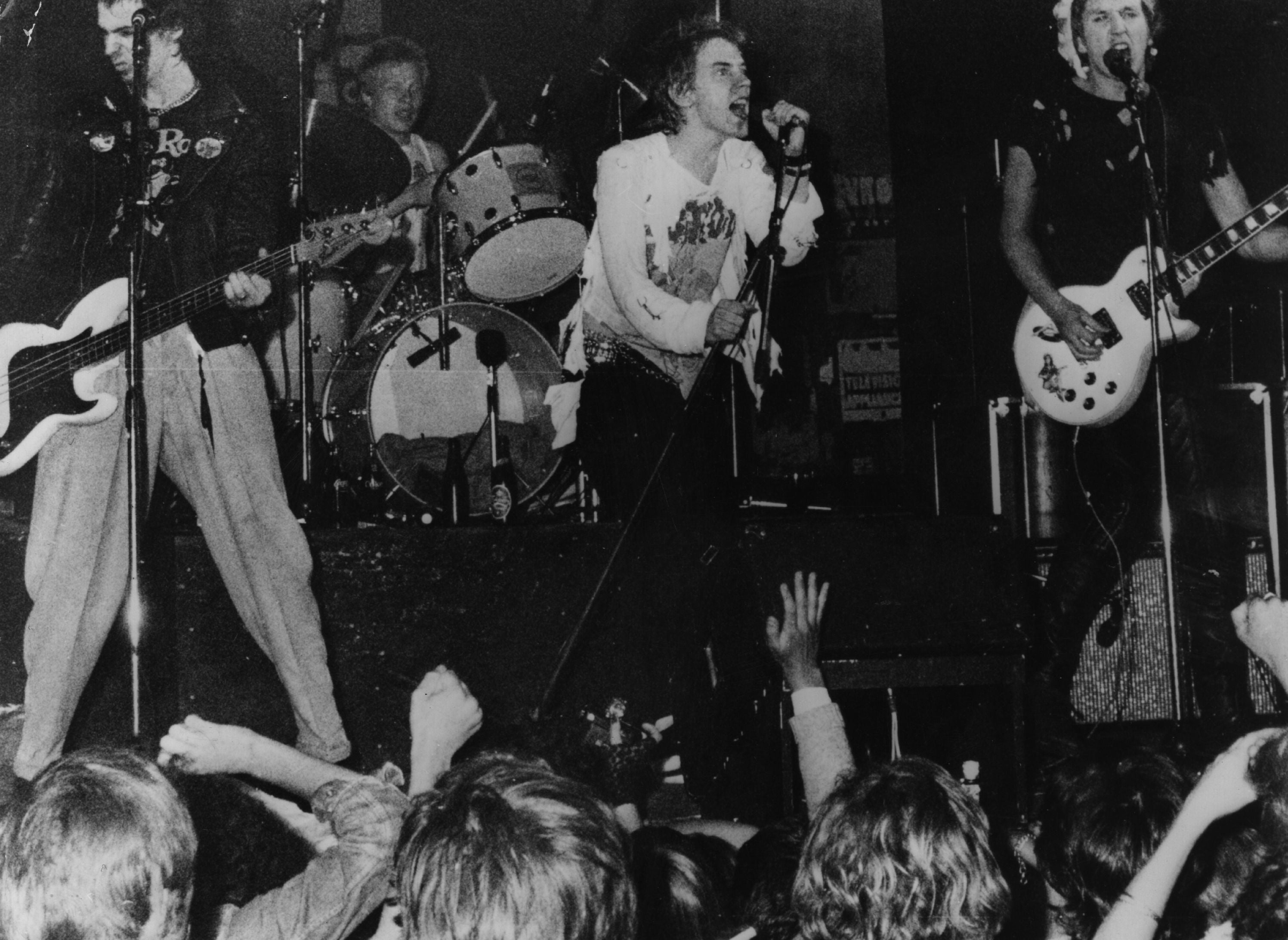 Infamous British punk rock group Sex Pistols playing live in Copenhagen. From left to right: Sid Vicious, Paul Cook, Johnny Rotten and Steve Jones