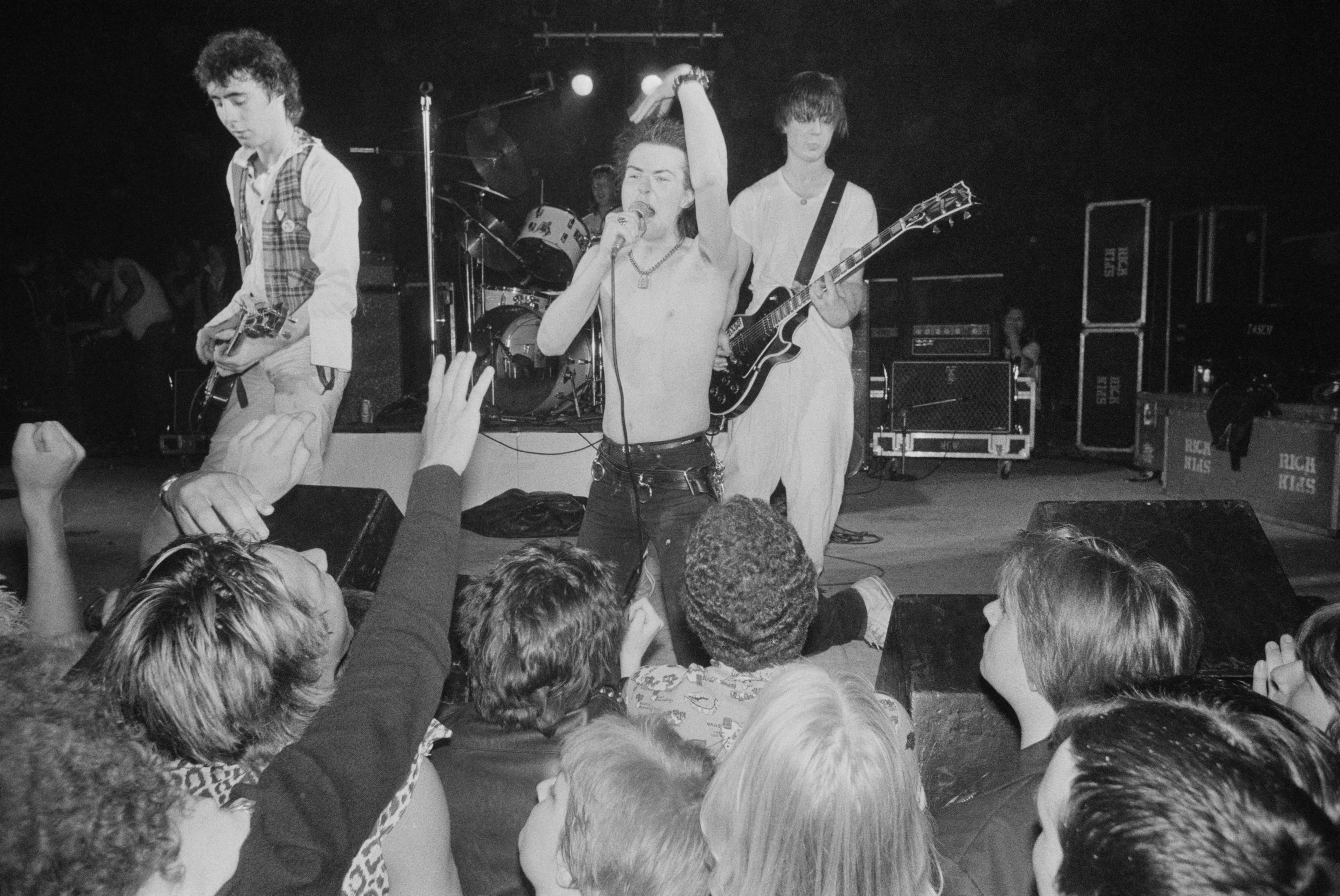 English bassist and singer Sid Vicious performs with the Vicious White Kids at Electric Ballroom, 15 August 1978. From left to right: Glen Matlock, Rat Scabies, Sid Vicious, Steve New