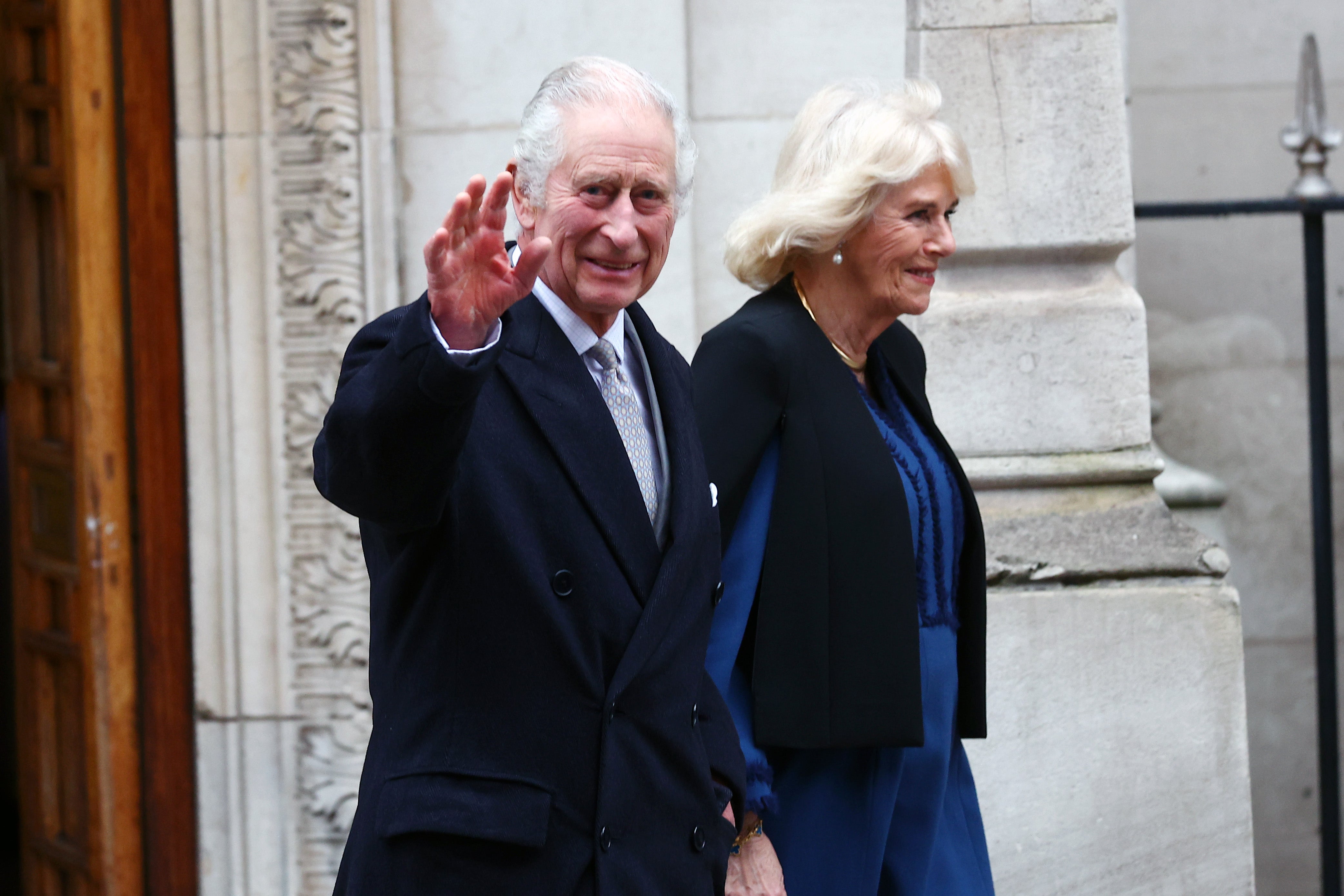 LONDON, ENGLAND - JANUARY 29: Britain’s King Charles III and Queen Camilla are seen leaving The London Clinic on January 29, 2024 in London, England. The King has been receiving treatment for an enlarged prostate