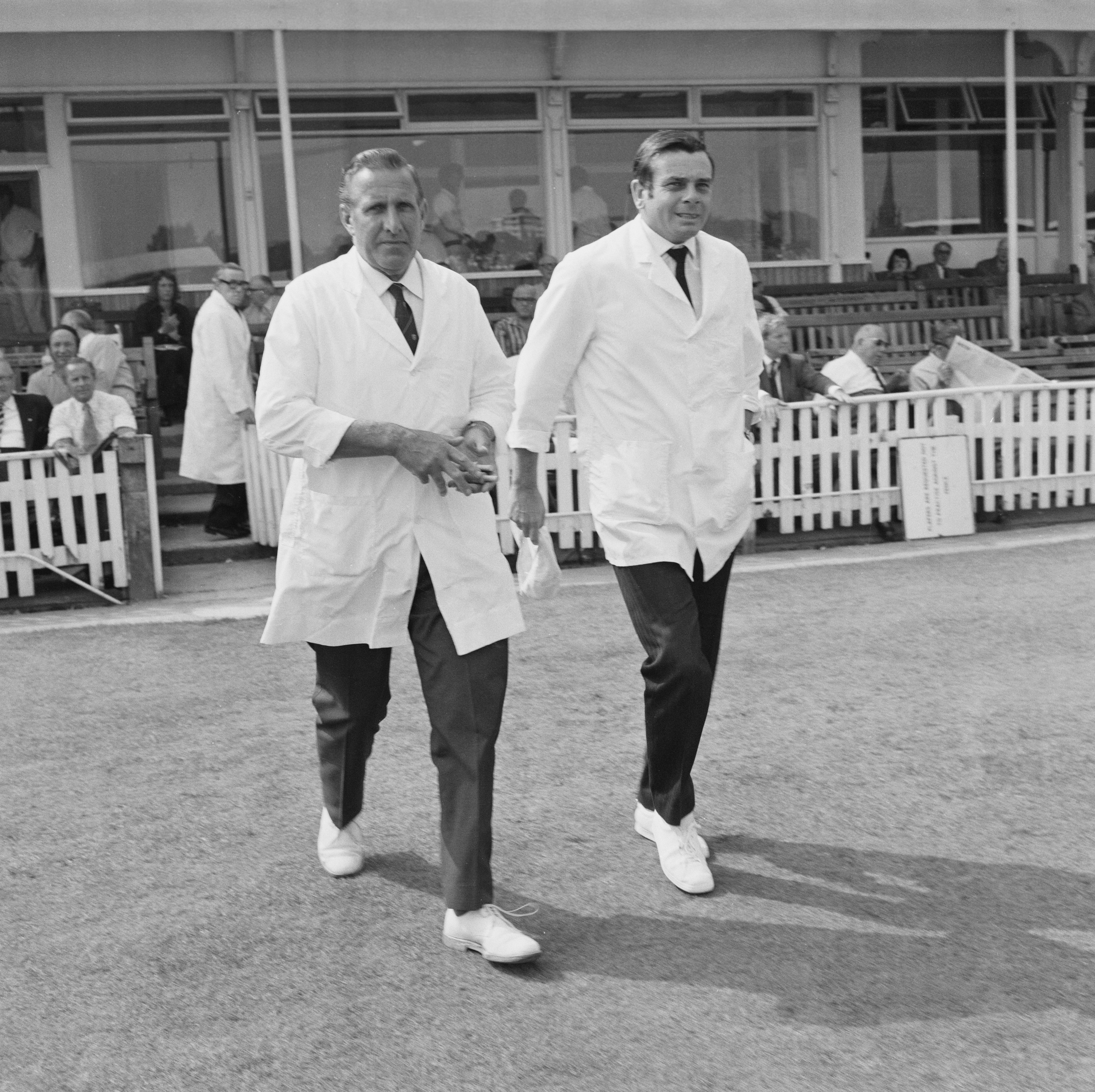 British cricket umpires Arthur Fagg and Dickie Bird