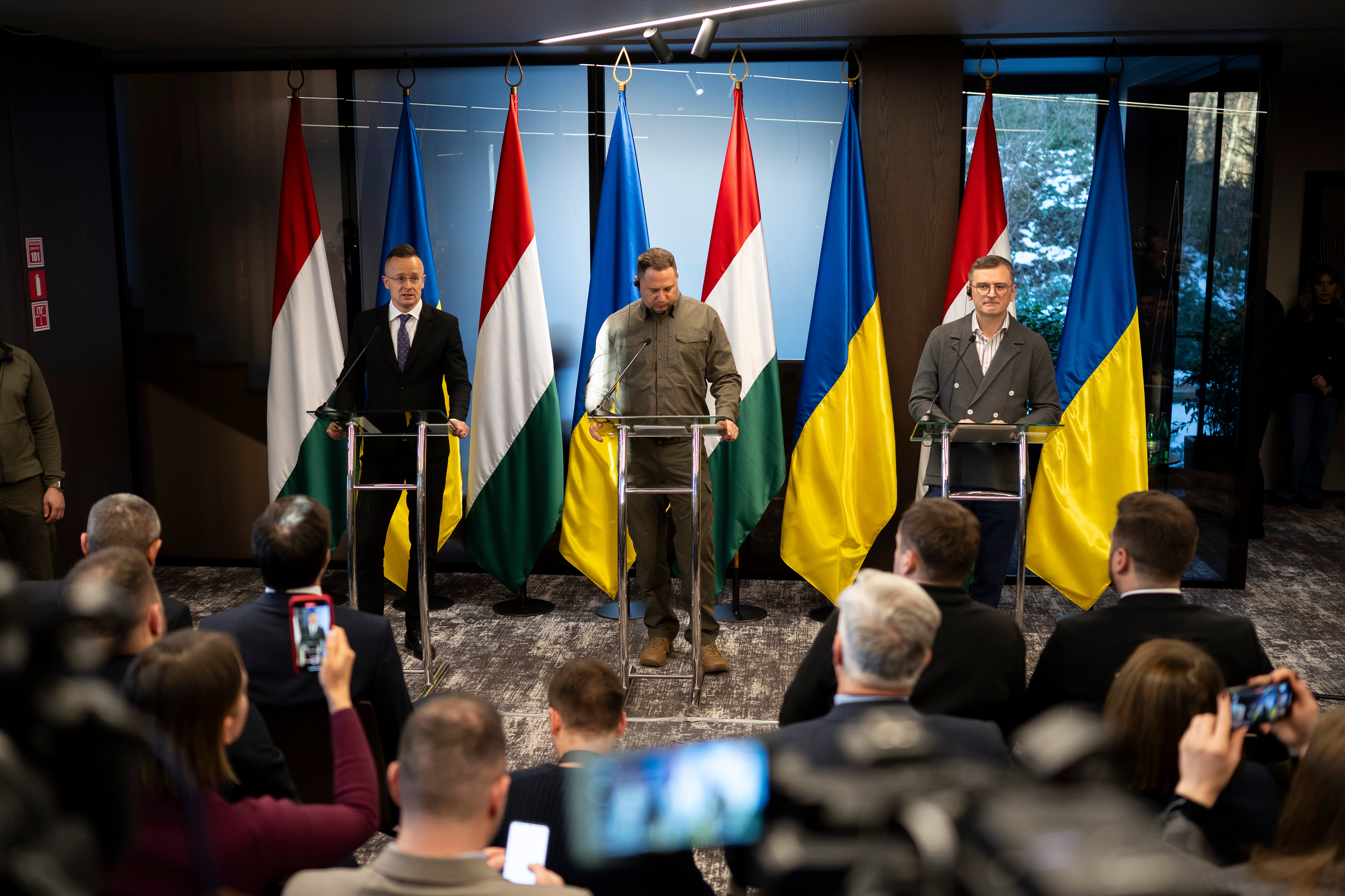 Hungary’s foreign minister Peter Szijjarto (left) speaks during a press conference with his Ukrainian counterpart Dmytro Kuleba (right)