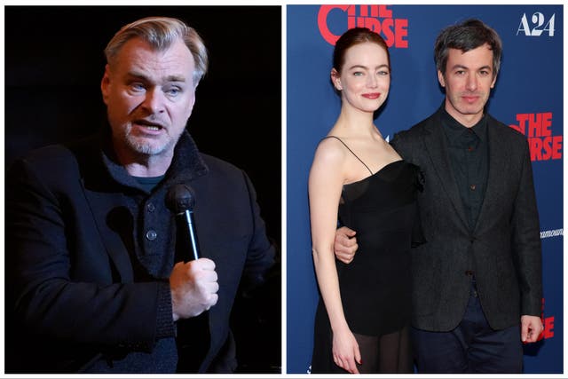 <p>Christopher Nolan (left) and ‘The Curse’ stars Emma Stone and Nathan Fielder</p>