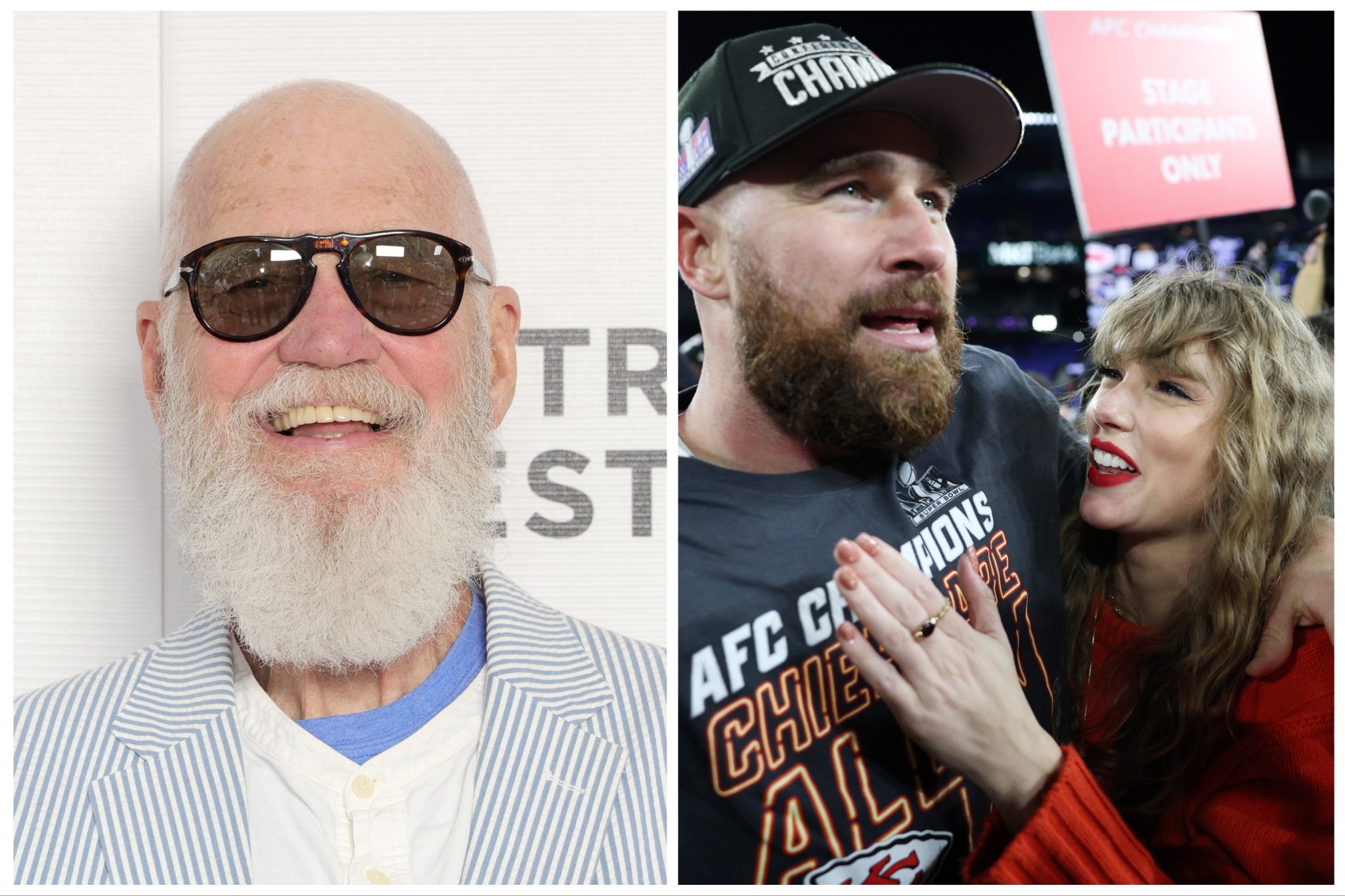 David Letterman (left) and Travis Kelce with Taylor Swift