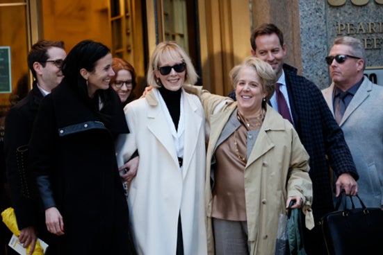 Jean Carroll, center, and Roberta Kaplan, right, leave Manhattan Federal Court victorious at the conclusion of their civil defamation trial against former President Donald Trump