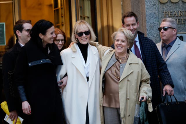 <p>Jean Carroll (left) and her lawyer Roberta Kaplan (right) leave Manhattan Federal Court following the conclusion of the civil defamation trial against Donald Trump</p>