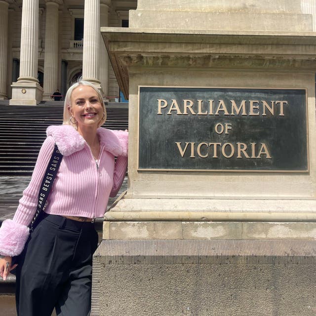<p>Georgie Purcell seen outside the Victoria Parliament</p>