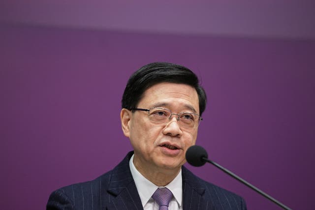 <p>Hong Kong Chief Executive John Lee attends a press conference regarding the legislation of Article 23 national security laws</p>