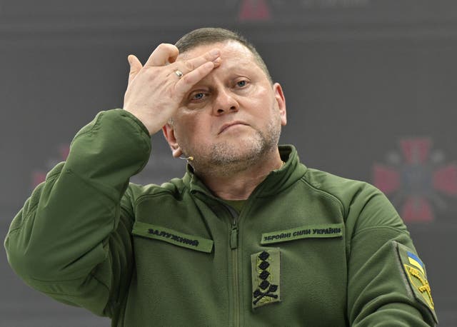 <p>Commander-in-Chief of the Armed Forces of Ukraine Valeriy Zaluzhnyi gestures as he speaks during a press conference in Kyiv</p>