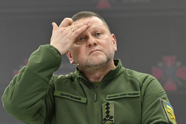 <p>Commander-in-Chief of the Armed Forces of Ukraine Valeriy Zaluzhnyi gestures as he speaks during a press conference in Kyiv</p>