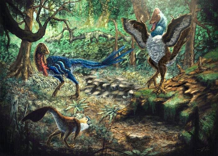 Artist’s depiction of dinosaurs Eoneophron infernalis (top left), MOR 752 (bottom left), and Anzu wyliei (right) in the Hell Creek Formation