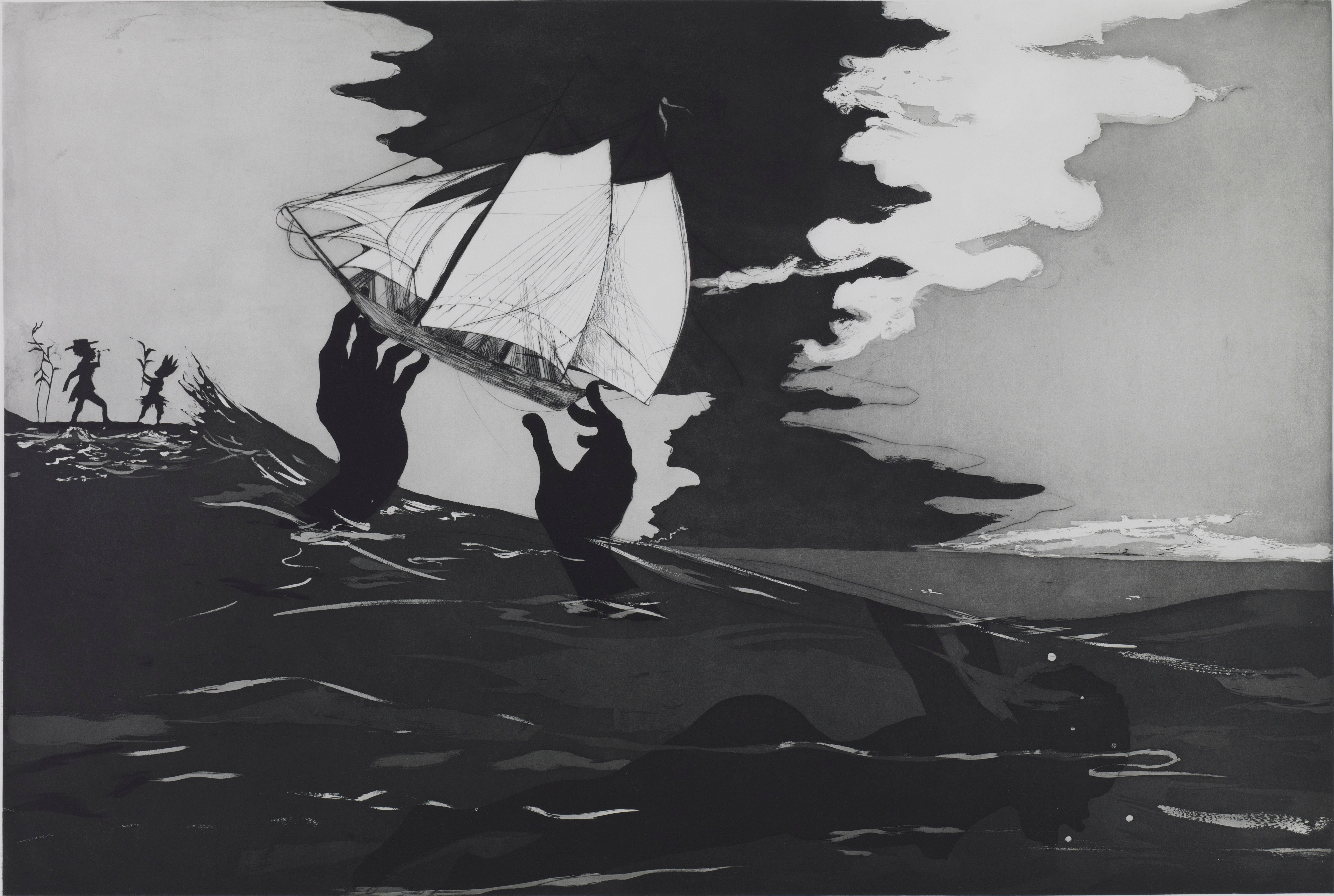 Pieces like Kara Walker’s ‘no world’ are contrasted by 18th-century romanticist seascapes