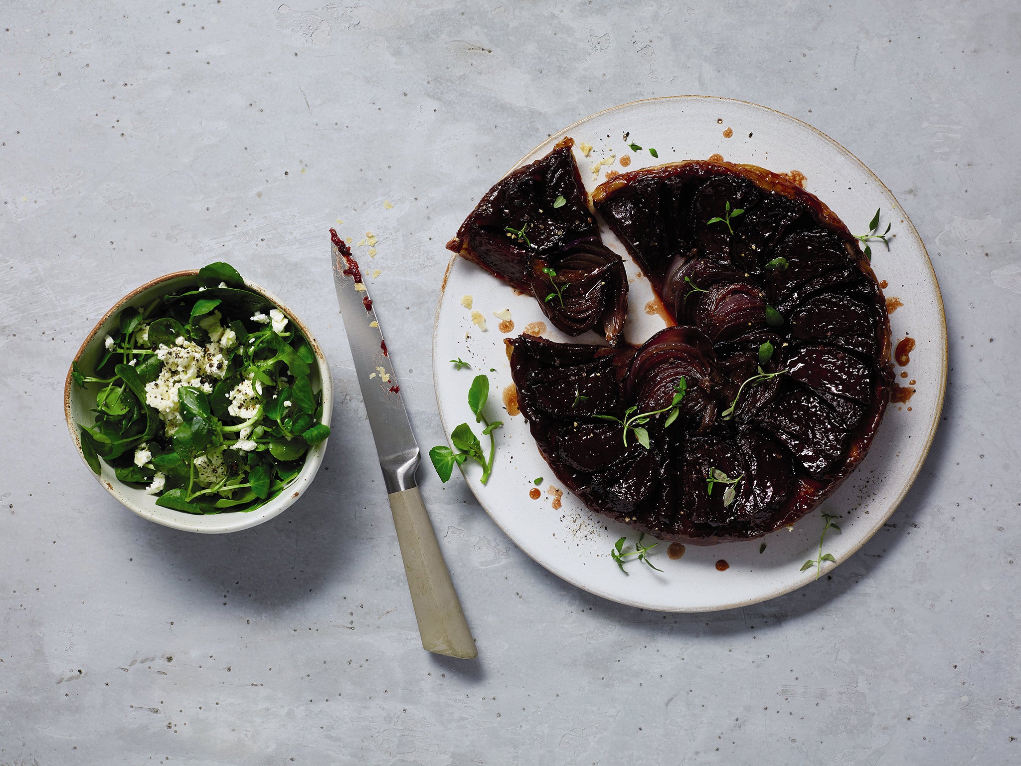 A classic French tarte tatin with roasted onion and beetroot