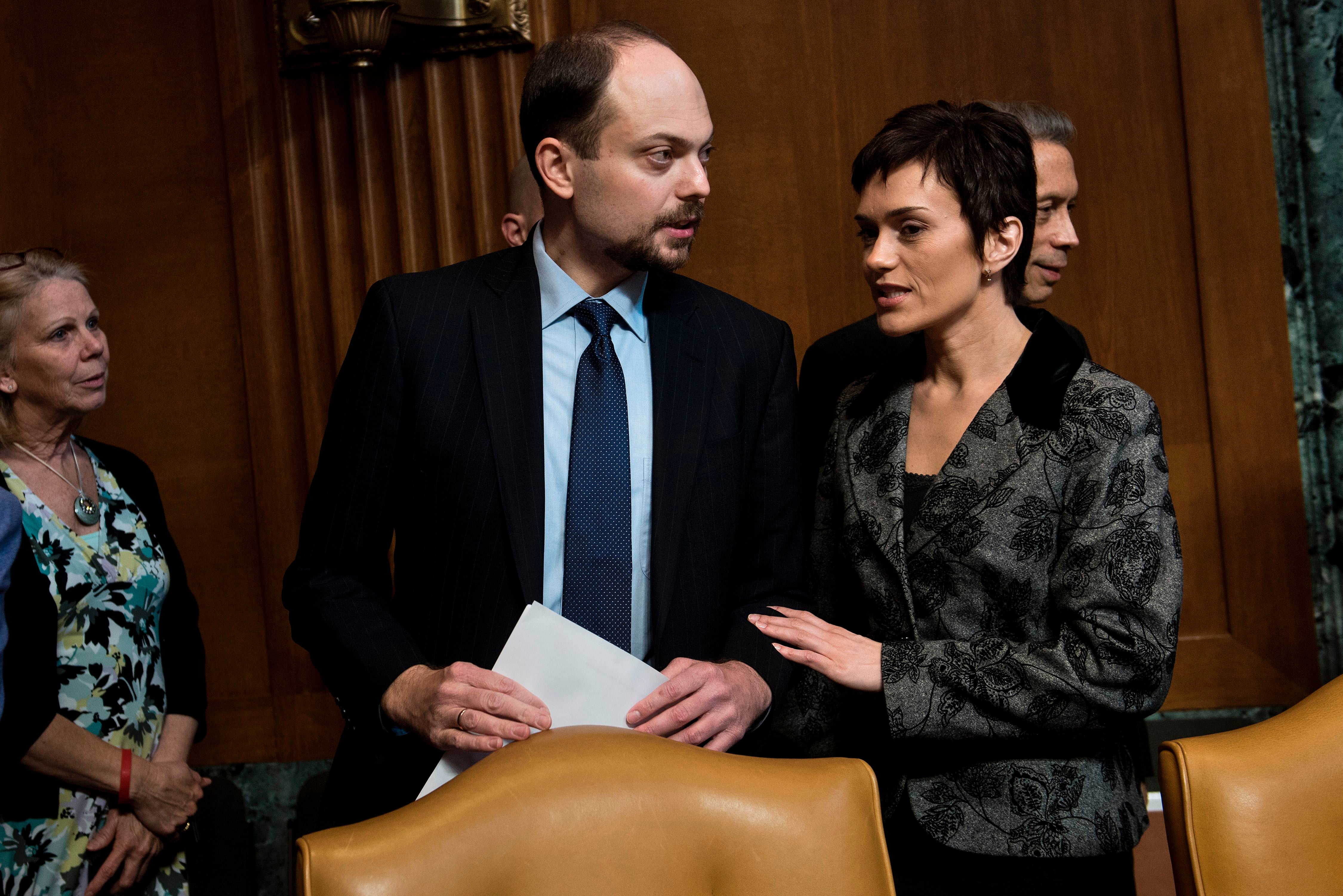 Vladimir Kara-Murza arrives with his wife Yevgenia for a US Senate hearing on Capitol Hill, 29 March 2017