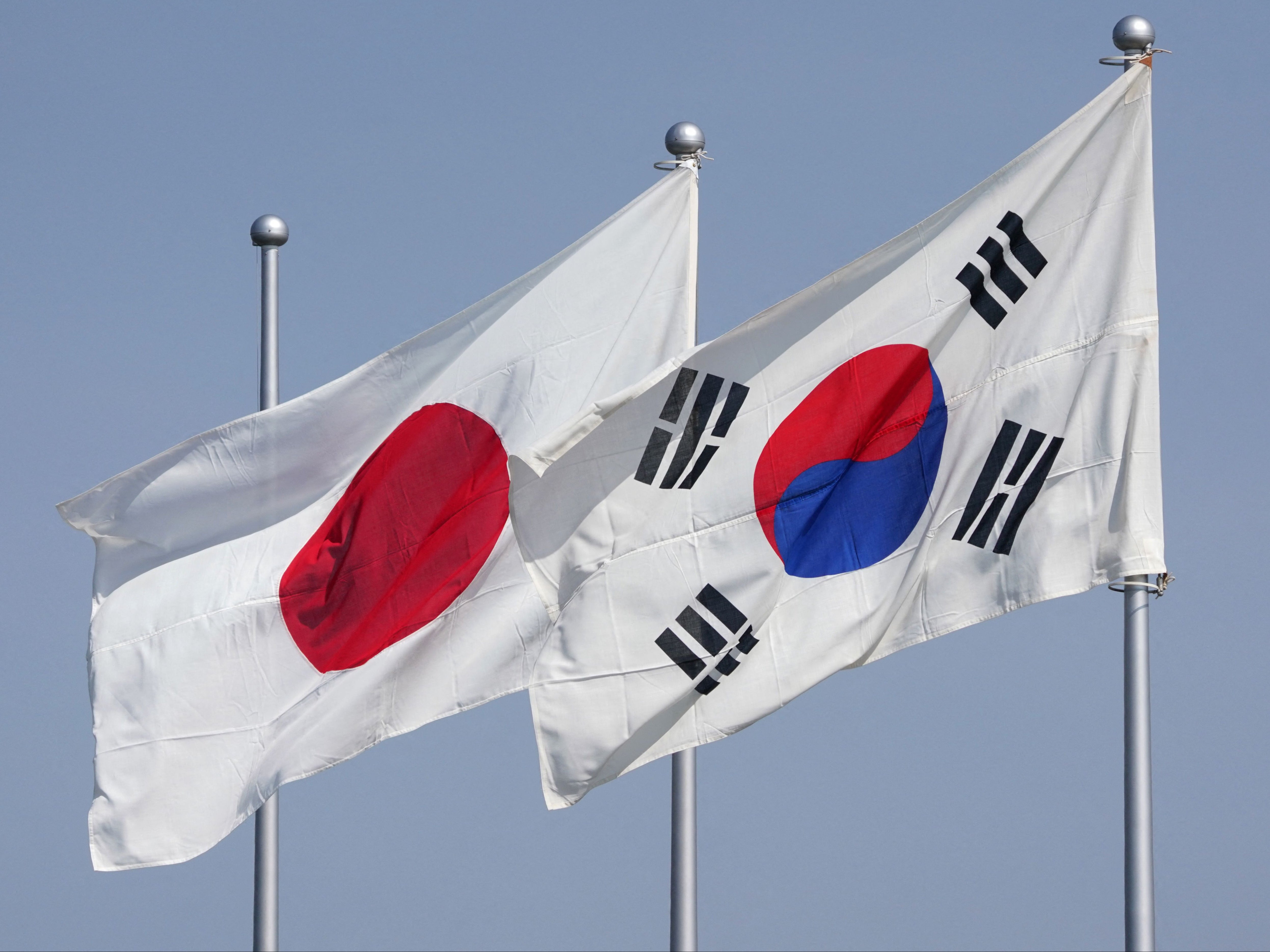 The national flags of Japan (L) and South Korea (R) flutter in the wind on 16 March 2023