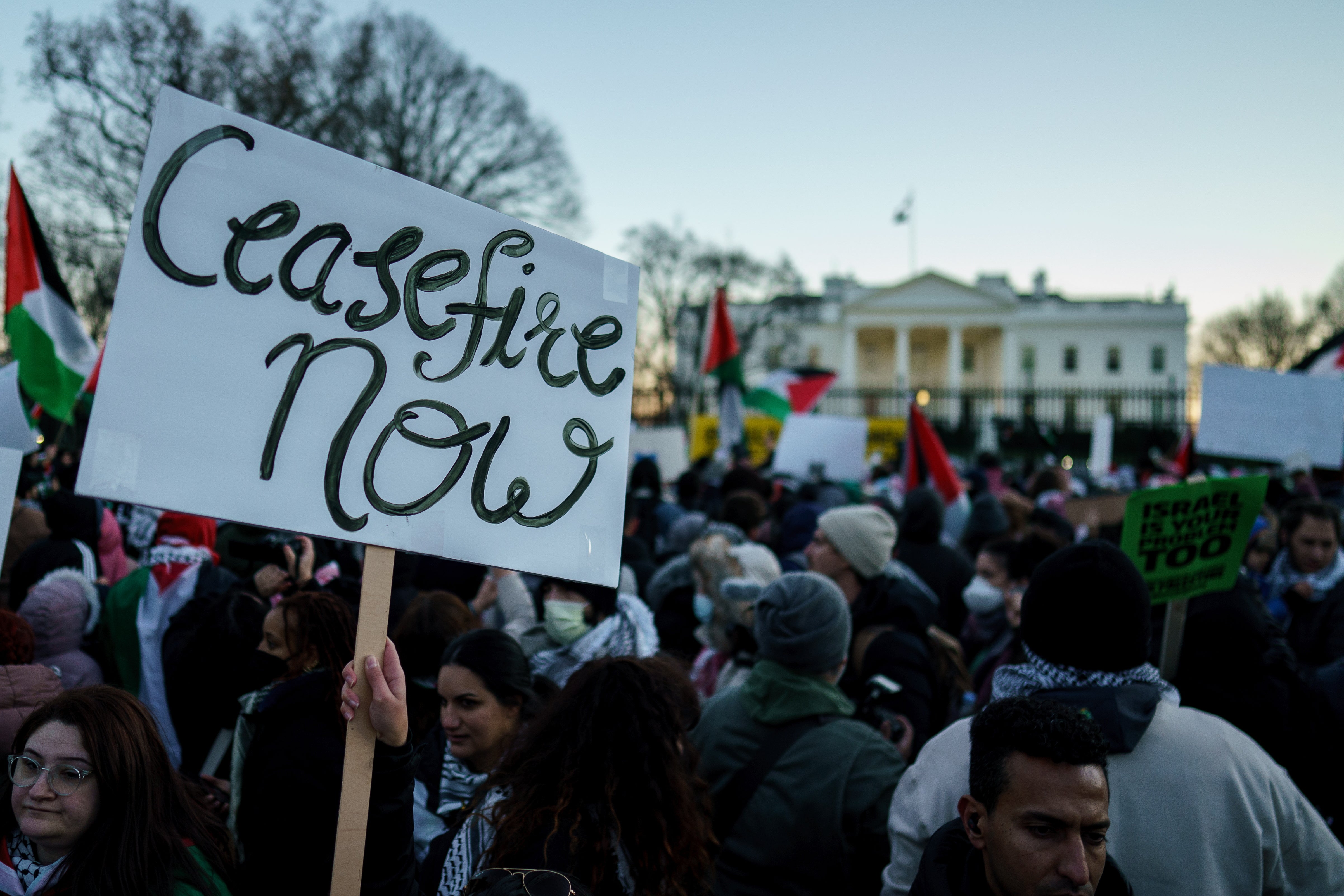 Protesters rally outside the White House in solidarity with Palestinians on 14 January to demand government support for a ceasefire in Gaza.