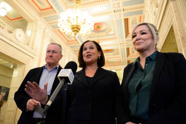 <p>Sinn Fein representatives MLA Conor Murphy, president Mary Lou McDonald and vice-president Michelle O’Neill speak to the media inside Stormont </p>