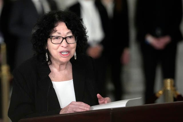 <p>Supreme Court Justice Sonia Sotomayor speaks during a service for retired Supreme Court Justice Sandra Day O'Connor in the Great Hall at the Supreme Court December 18, 2023 in Washington, DC</p>