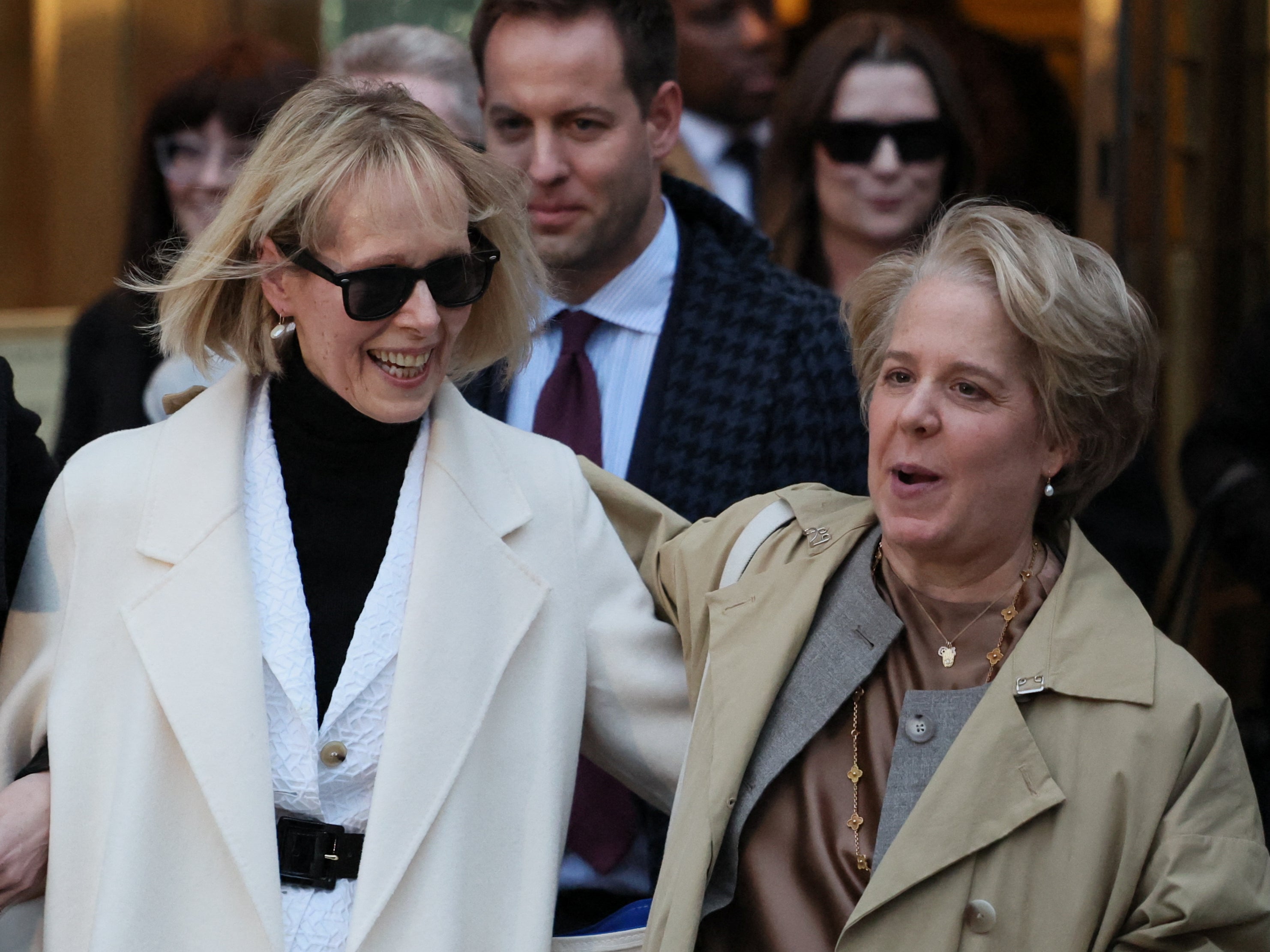 E Jean Carroll (l) with her attorney, Roberta Kaplan (r) as they leave court following a jury’s decision to award Ms Carroll $83.3m in damages in her defamation case against Donald Trump