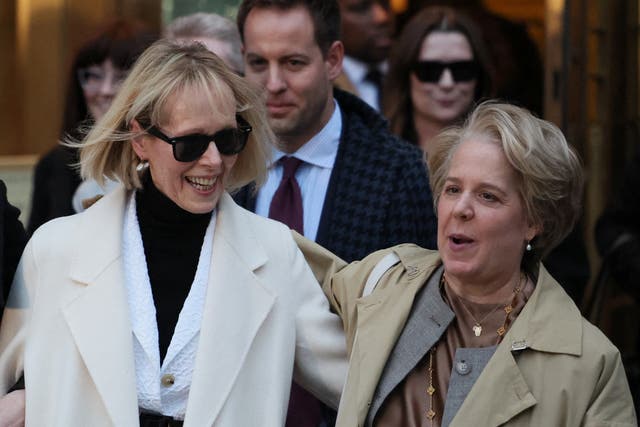 <p>E Jean Carroll (left) with her attorney, Roberta Kaplan (right) leaving court following a jury’s decision to award Ms Carroll $83.3m damages in her defamation case against Donald Trump</p>