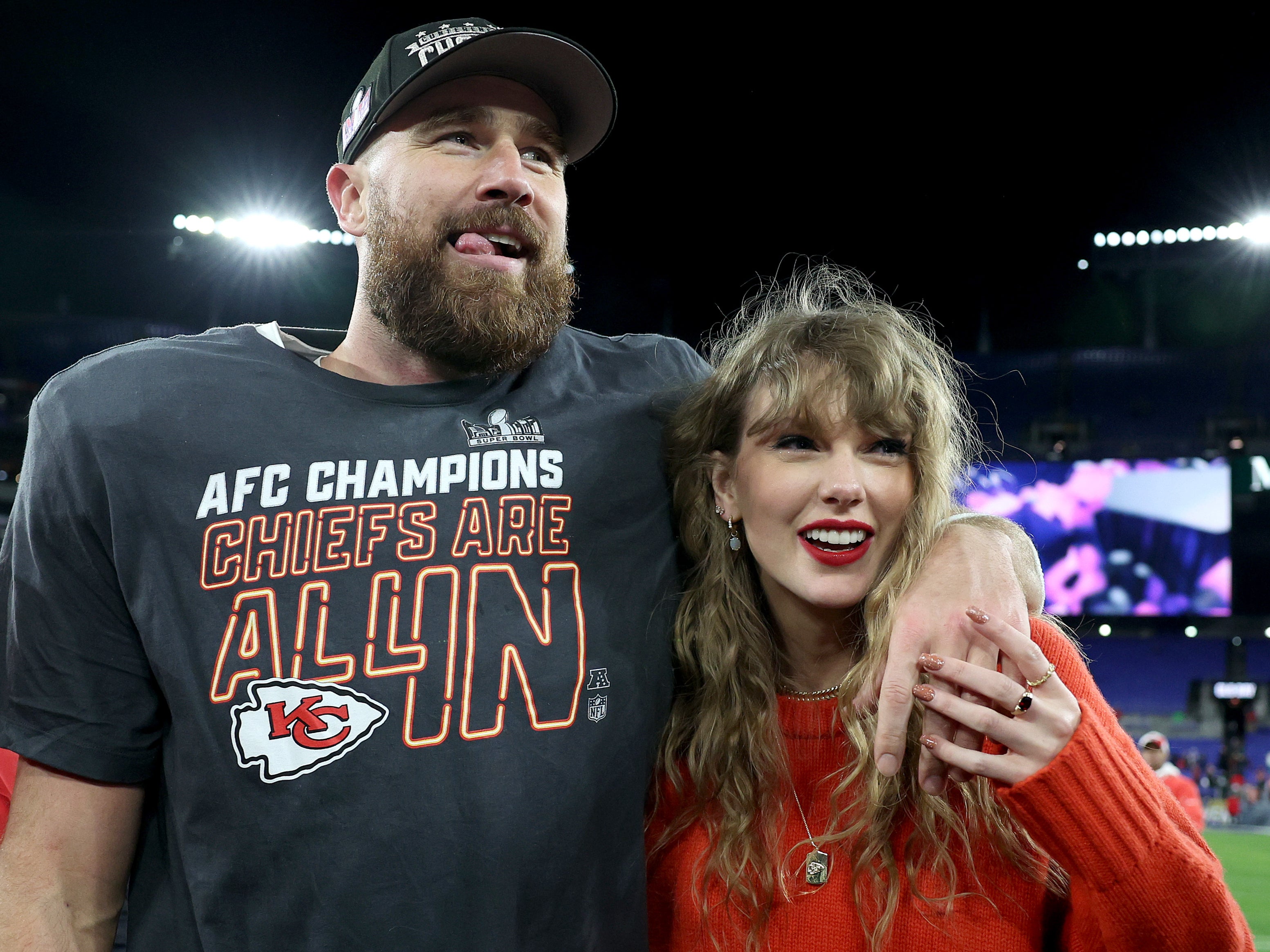 Travis Kelce and Taylor Swift after the Kansas City Chiefs’ victory at M&T Bank Stadium on 28 January 2024 in Baltimore, Maryland