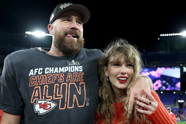 <p>Travis Kelce and Taylor Swift after the Kansas City Chiefs’ victory at M&T Bank Stadium on 28 January 2024 in Baltimore, Maryland</p>