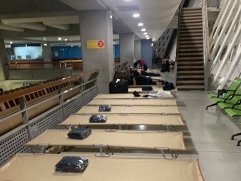Night view: Camp beds at the airport at Guadeloupe after an Air France jet ‘went tech'