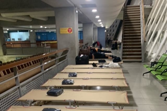 <p>Night view: camp beds in the airport at Guadeloupe after an Air France jet ‘went tech’ </p>