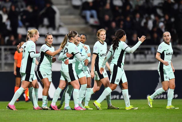 <p>Maren Mjelde celebrates with teammates after scoring Chelsea's fourth goal </p>