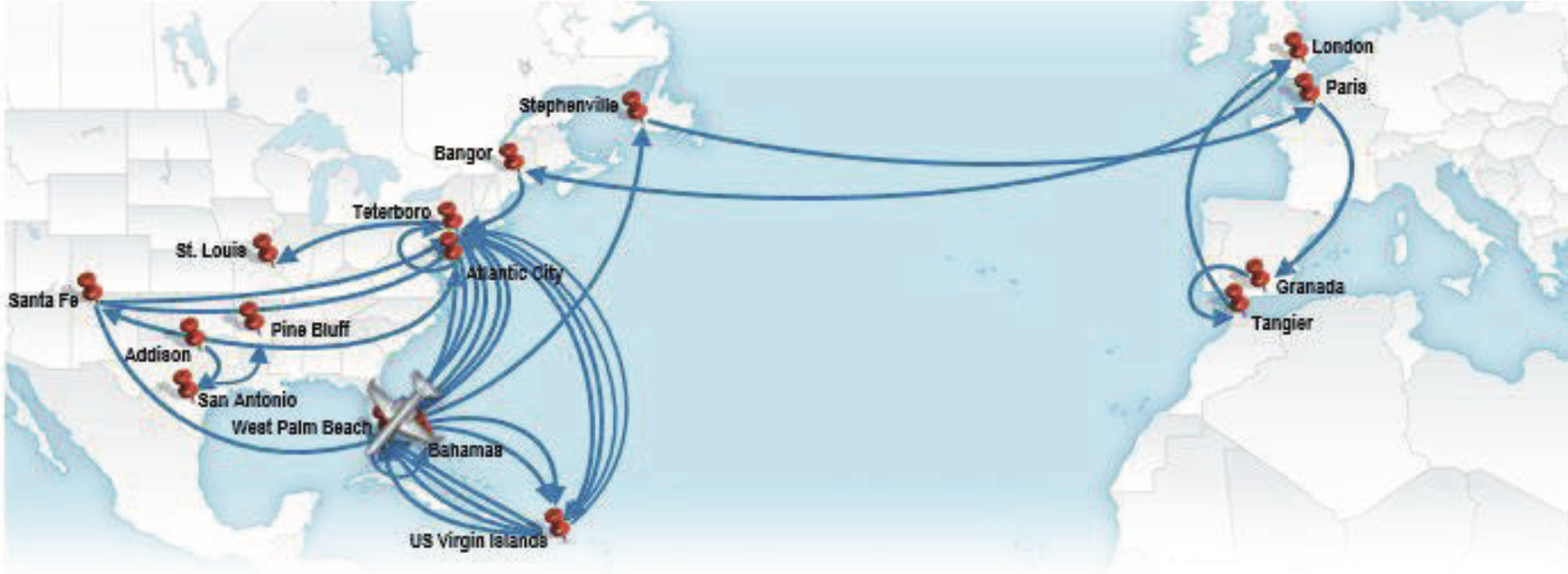 A graphic from Virginia Giuffre’蝉 lawsuit against Prince Andrew, showing stops in Epstein’蝉 alleged sex trafficking network