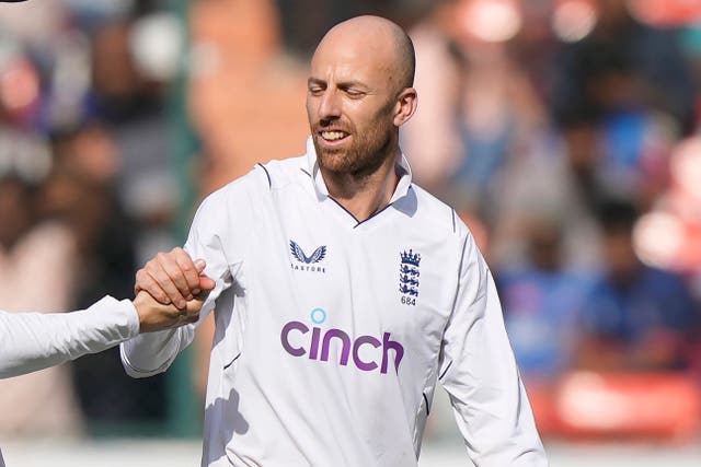 Jack Leach sustained a left knee injury while fielding during the first Test (Mahesh Kumar A./AP)