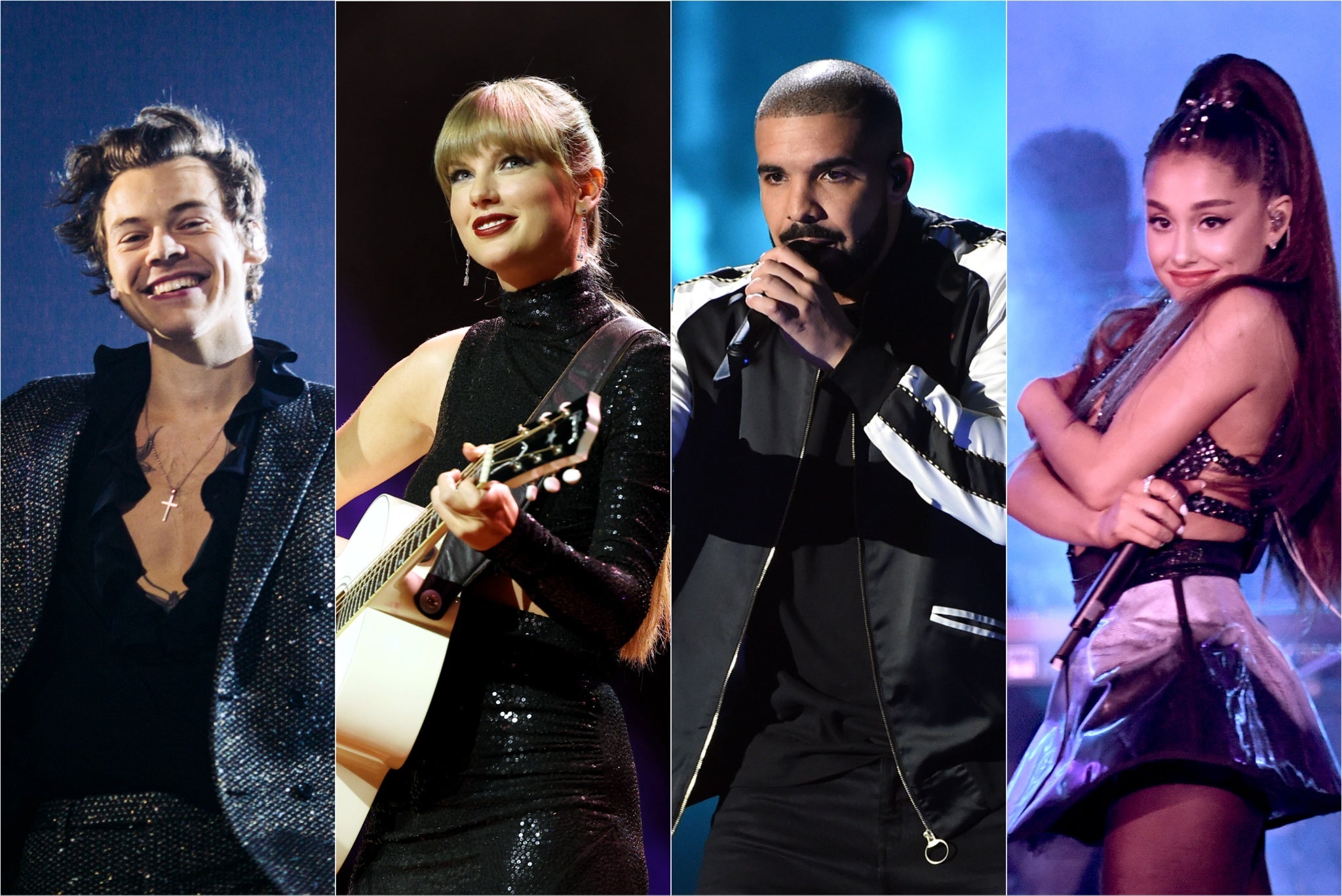 L-R: Songs by Harry Styles, Taylor Swift, Drake and Ariana Grande could all be wiped from TikTok