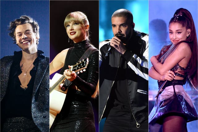 <p>L-R: Songs by Harry Styles, Taylor Swift, Drake and Ariana Grande could all be wiped from TikTok</p>