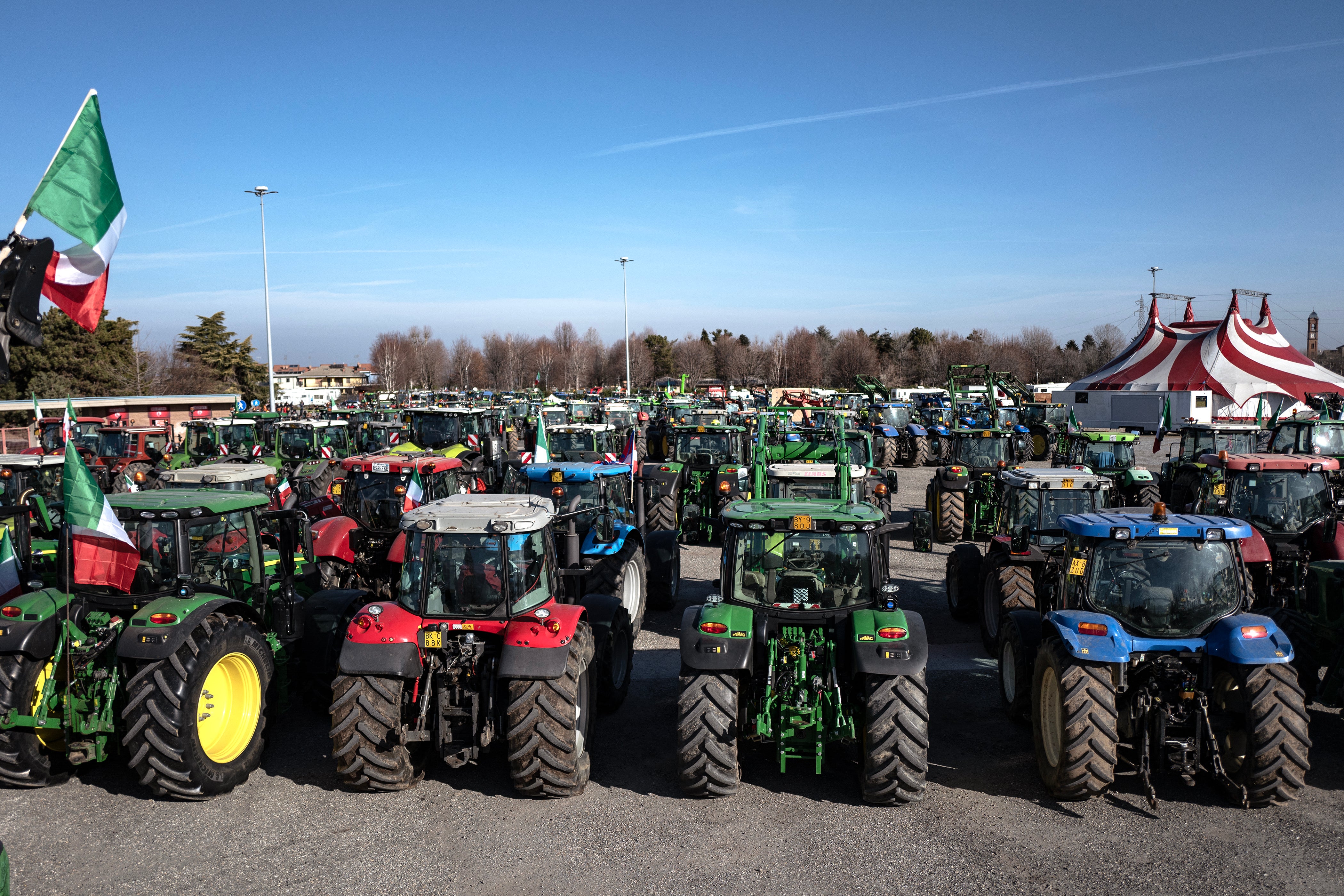 Italian farmers gather with their tractors during a protest in Cuneo, Lombardy